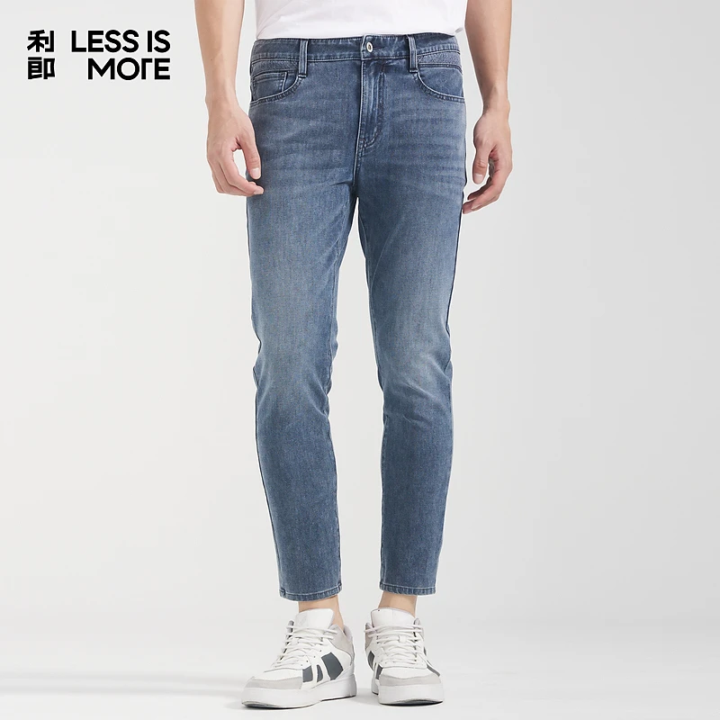 [猫须磨白]利郎LESSISMORE春牛仔裤零碳天丝低腰窄脚男九分裤男款