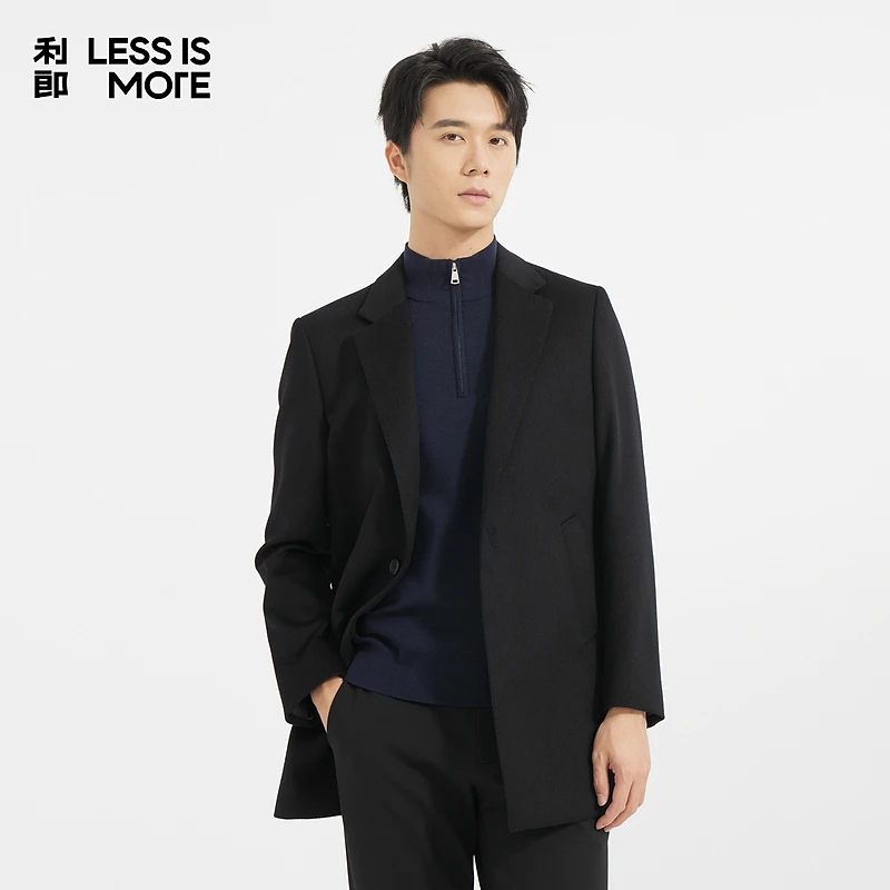利郎休闲通勤大衣黑色秋冬男士男装平驳领舒适商务外套经典时尚