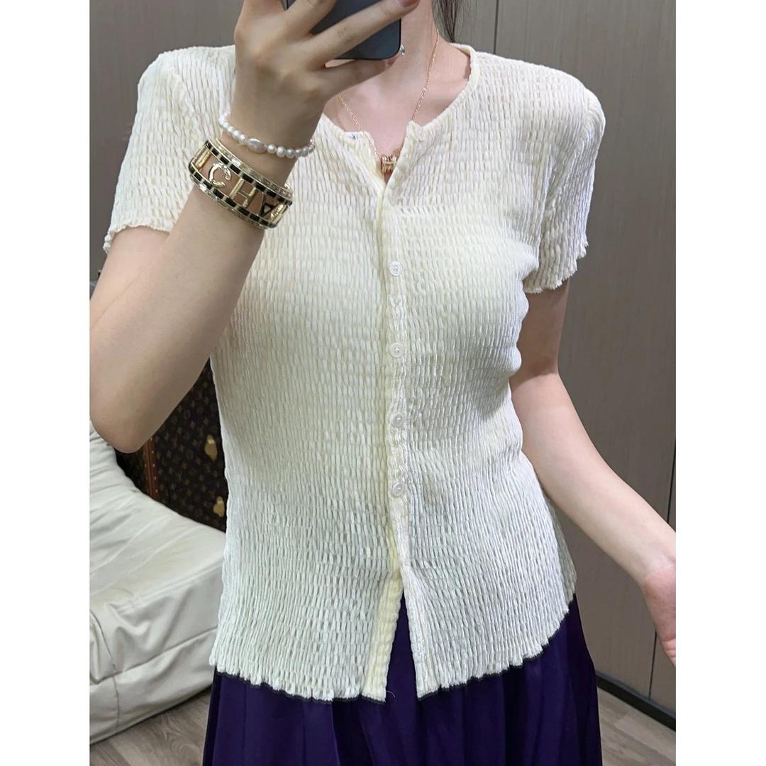 【小黑家】长高端丝绒弹力压褶肌理时尚温柔开衫百搭T针织衫25536