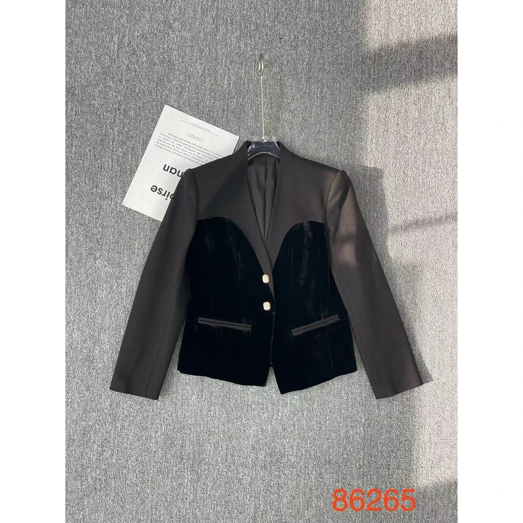 【小黑家】长高端ZS拼接丝绒西装料设计感时髦范百搭短外套86265