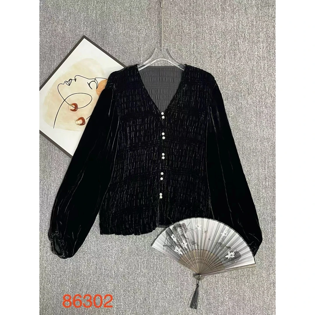 【小黑家】长高端ZS 丝绒打揽V领减龄时尚优雅极简百搭衬衫86302