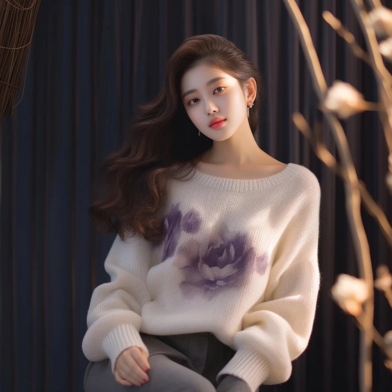 QDA26480秋冬新款圆领套头长袖针织衫印花毛衣气质慵懒风上衣女