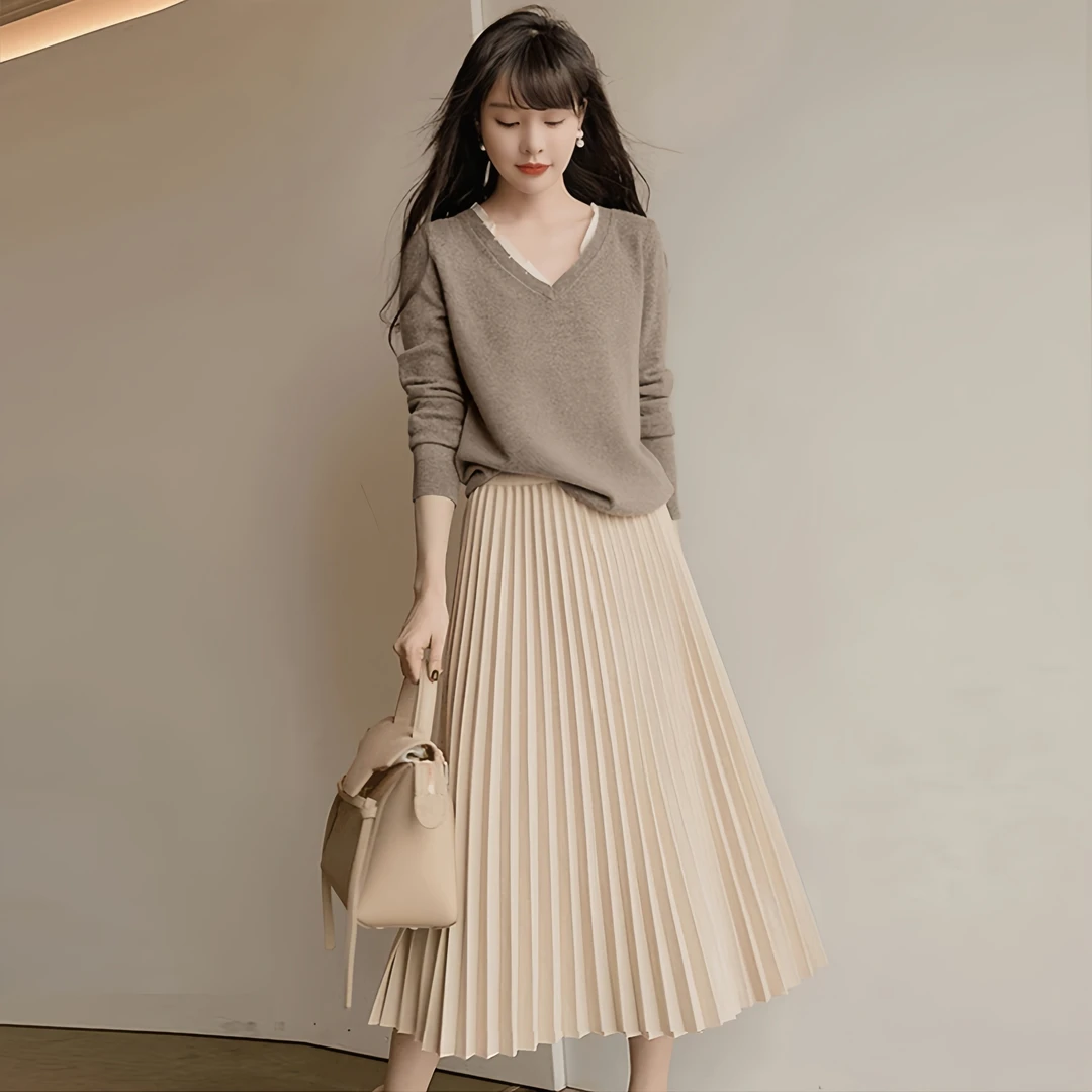 QDA3438小香风套装秋新款减龄穿搭时尚针织毛衣+百褶半身裙两件套