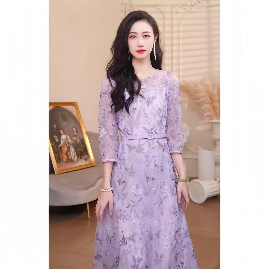QDB20163夏季新款高端精致茶歇法式小众气质紫色连衣裙子女中长裙
