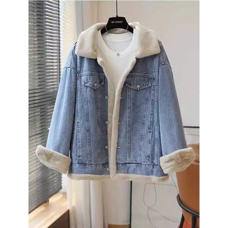 QDA04184小香风法式漂亮浅蓝色翻领牛仔短外套女士秋冬2024年新款