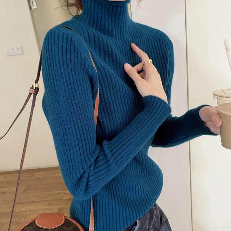 QDA3721加厚保暖半高领针织打底衫女秋冬百搭毛衣女宽松内搭上衣