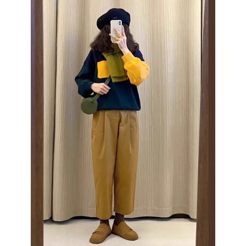 QDA5157驼色阔腿裤女秋季2024新款高腰休闲直筒哈伦裤老爹裤子