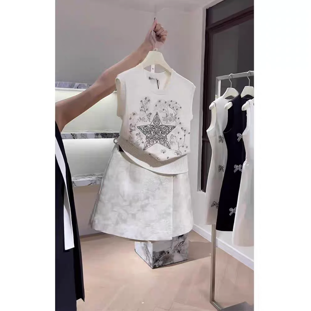 小个子穿搭一整套钉珠短袖缎面半身裙套装女夏XHH24051104-STA