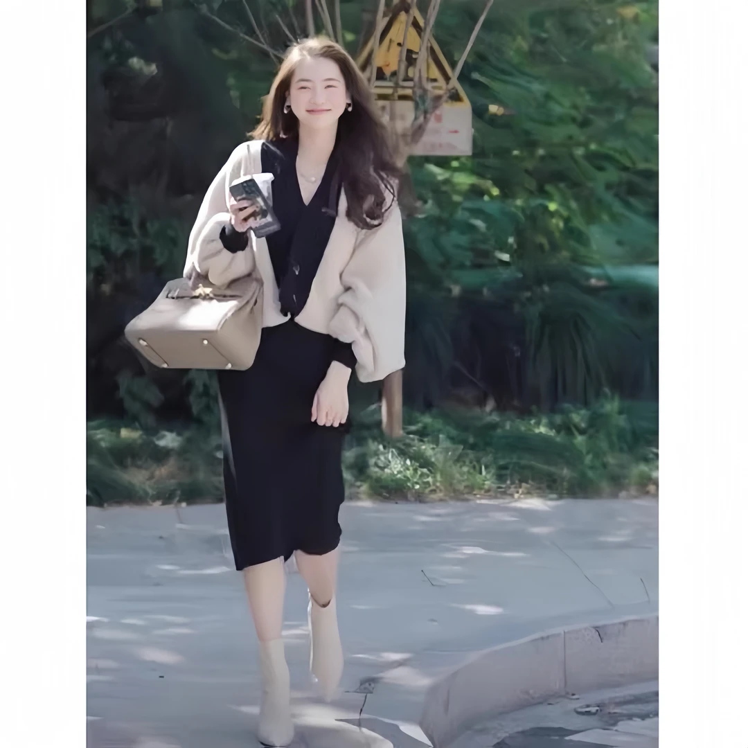 QDA3623小香风套装温柔气质高级感针织开衫+背心针织连衣裙两件套