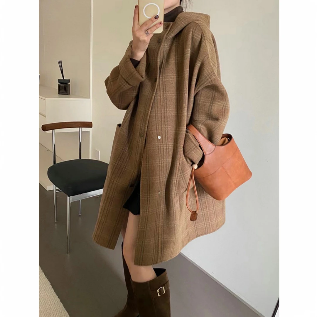 QDA01597双面呢大衣女中长款显瘦秋冬连帽高级毛呢外套2024新款