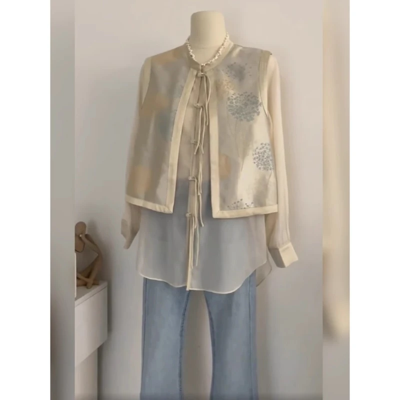 QDA6129春装2024法式轻奢高级感小众国风上衣假两件新中式衬衫女