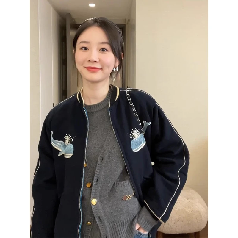 温柔韩系风格小香风刺绣黑色棒球服夹克外套女秋冬QCW00384-STB