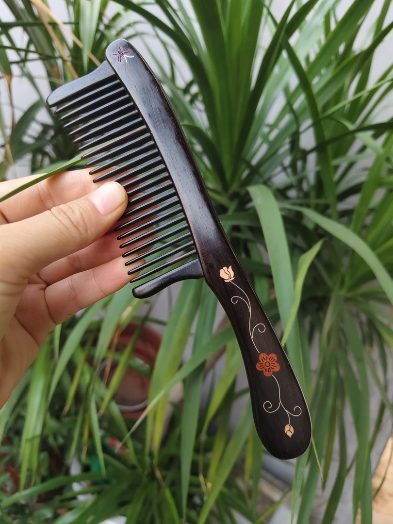 紫光檀铜丝镶嵌插齿木梳手工制作高档礼品