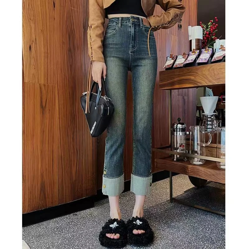 欧货时尚弹力开衩直筒牛仔裤纽扣修身八分九分烟管裤-3789