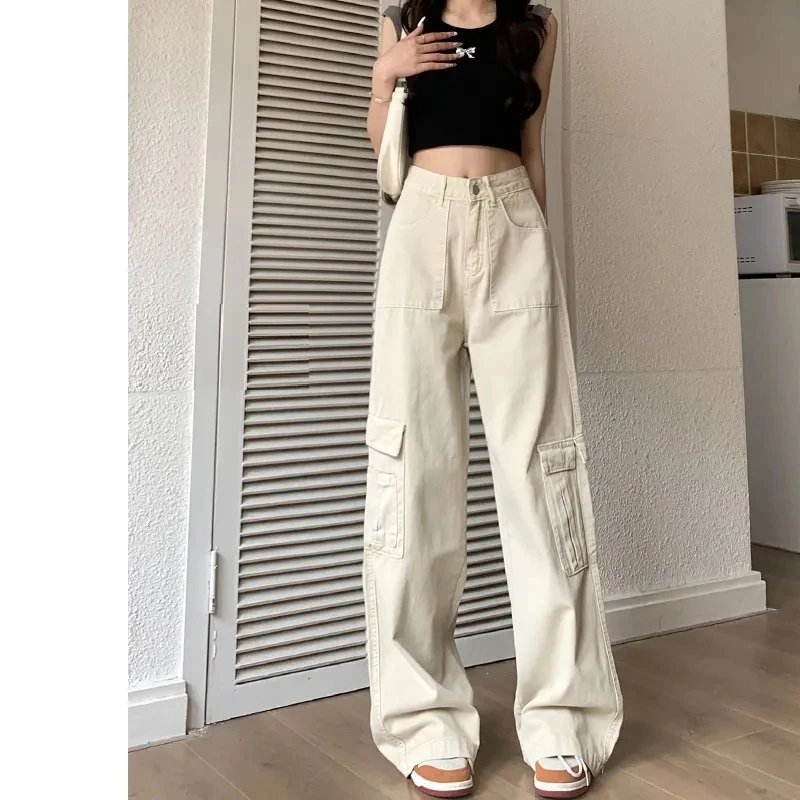 美式复古阔脚裤女2024年新款多口袋宽松垂感拖地裤子-8857