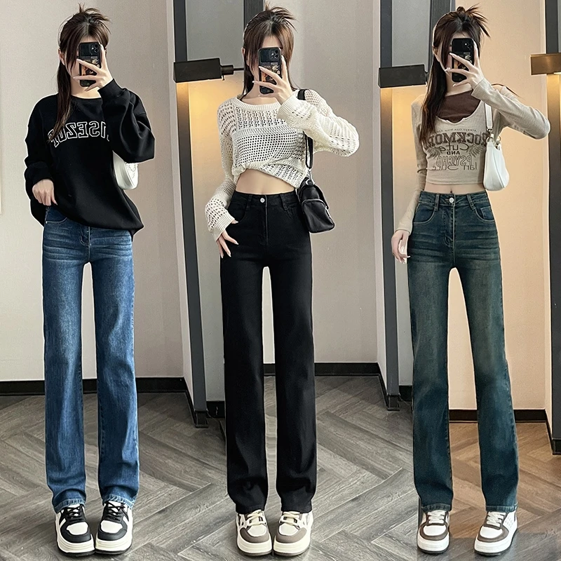 2024新款复古修身显高设计感弹力小个子高腰微喇叭牛仔裤-3785