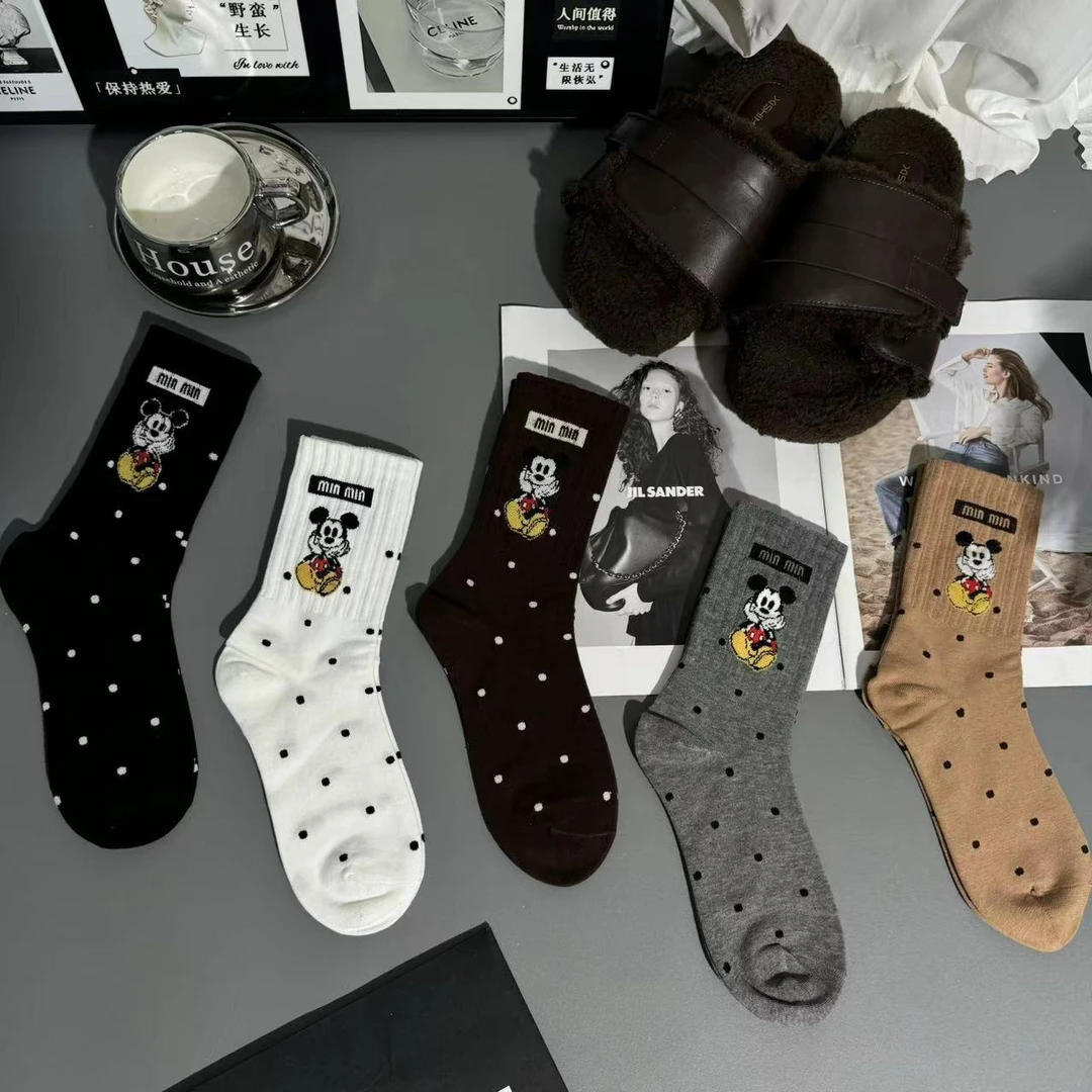 秋冬季中筒袜女卡通米奇纯棉堆堆袜韩版百搭女生潮袜