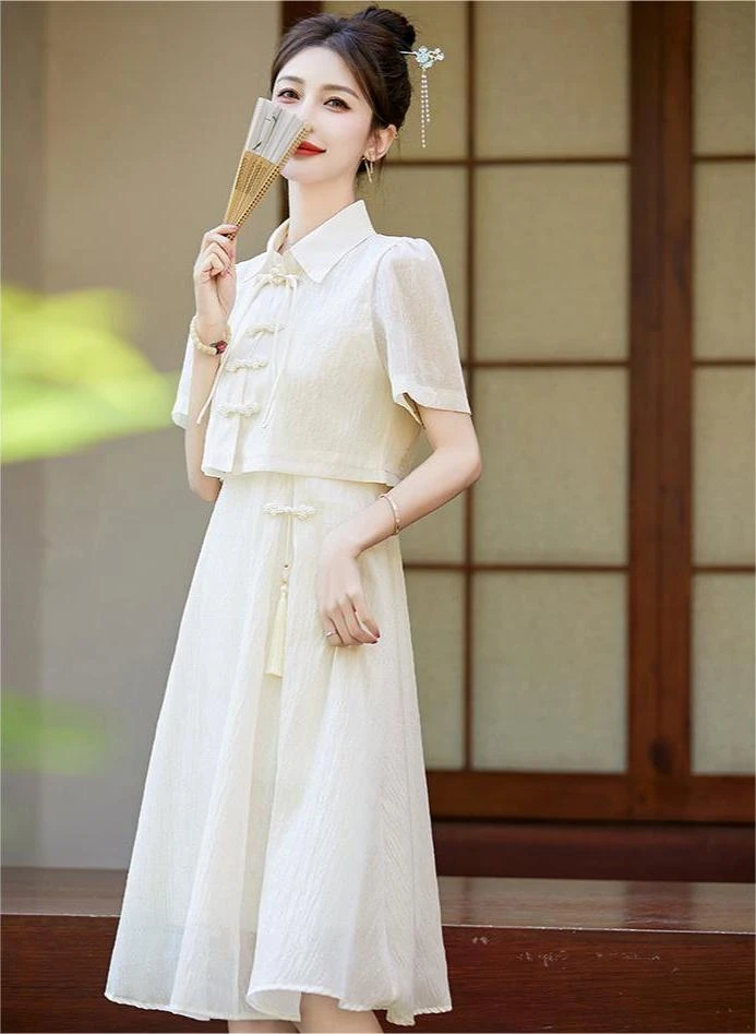 新中式国风连衣裙女2024夏新款短袖盘扣衬衫配吊带裙子汉服两件套