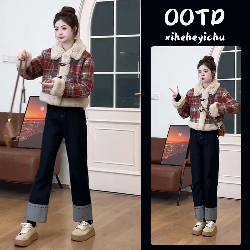 时尚搭配一整套2024年秋冬新款复古小香风外套高腰牛仔裤两件套潮