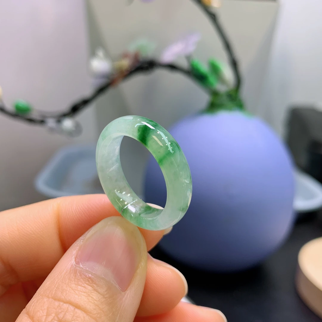 16圈口缅甸天然翡翠A货冰飘绿戒指H02#