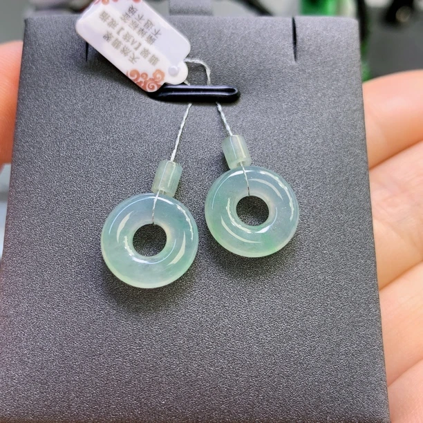 缅甸天然翡翠A货冰飘绿甜甜圈一对A431#