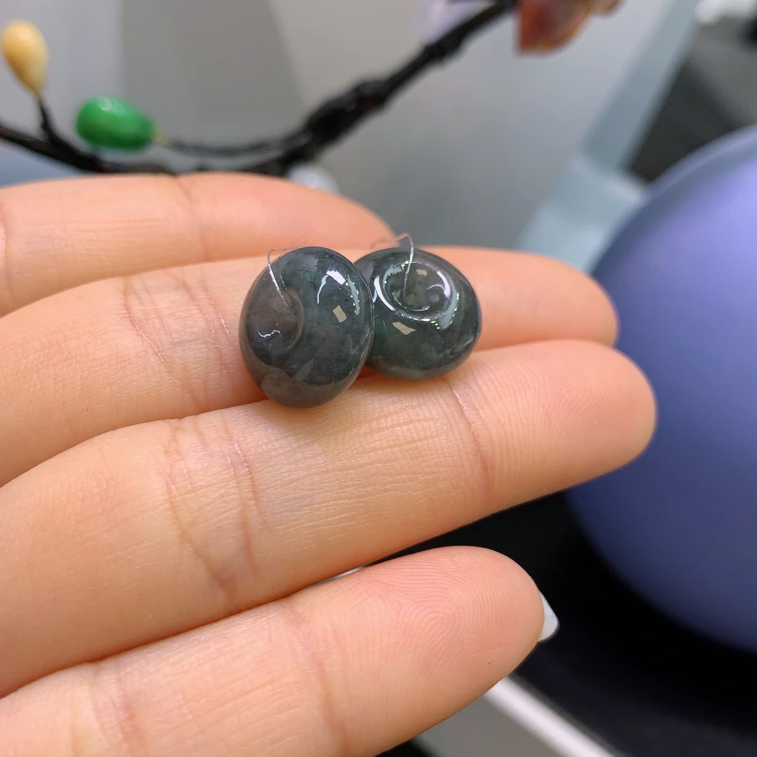 缅甸天然翡翠A货冰乌鸡平安扣一对A712