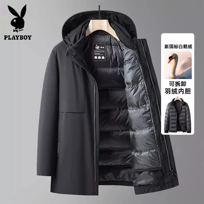 花花公子爸爸装鹅绒羽绒服男冬季加厚2025年新款内胆连帽可拆冬装