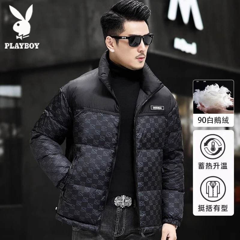 花花公子2025新款冬季鹅绒短款羽绒服男加厚保暖立领潮流时尚外套