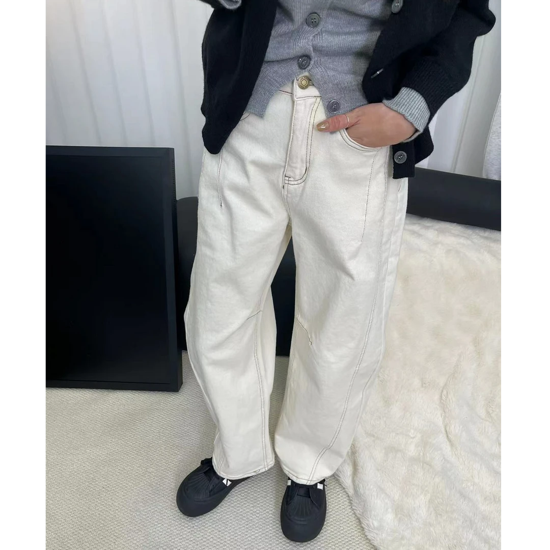 NICE圈圈、月光杏明线弯刀牛仔裤抓绒款百搭牛仔裤A99251