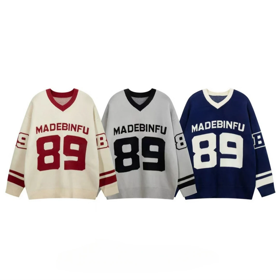 NICE圈圈、V领提花字母毛衣慵懒风宽松长袖毛衣A087