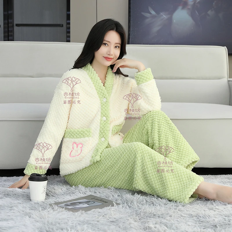 Y1秋冬季睡衣女套装加绒加厚云朵绒家居服保暖套装
