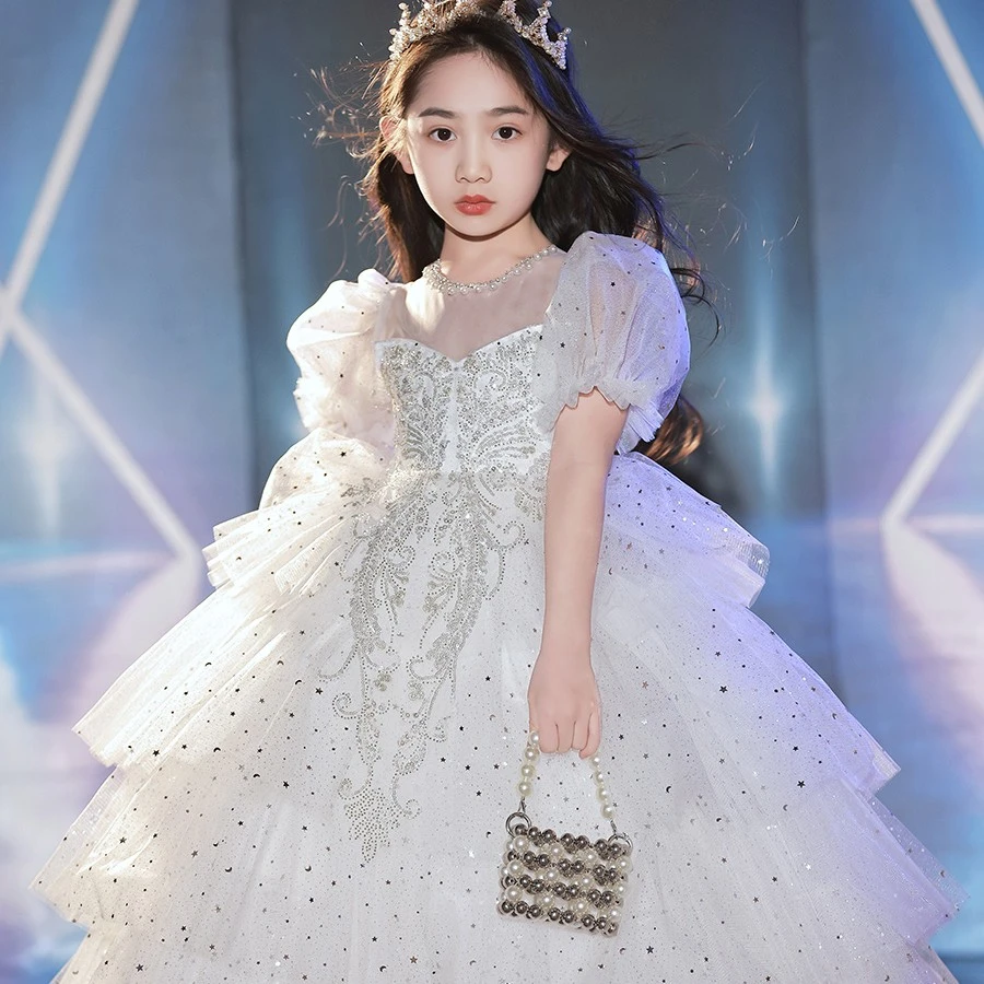 儿童礼服公主白色洋气公主裙小女孩宴会花童婚纱主持人钢琴演出服