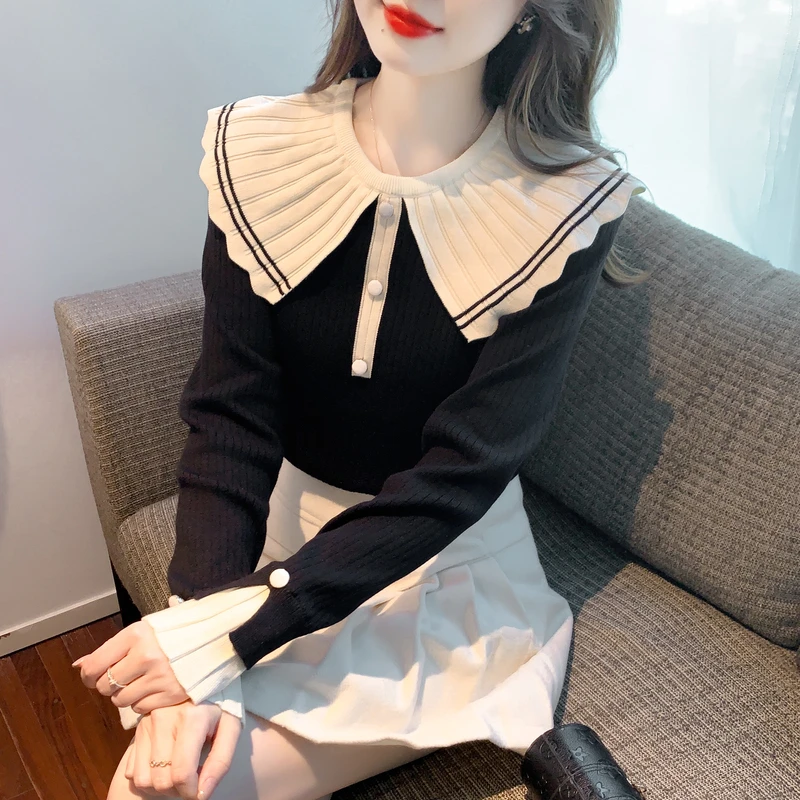 长袖针织衫新款百搭小香风修身打底衫上衣娃娃领长袖毛衣针织衫女