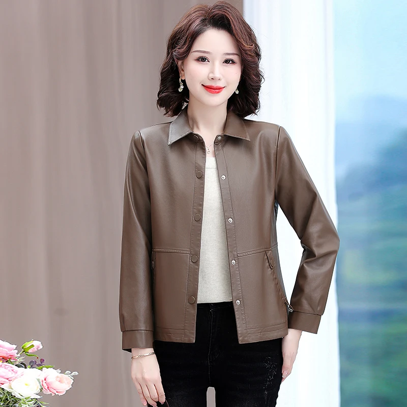 春装新款皮衣女外套洋气休闲显瘦百搭PU皮上衣40岁50妇女皮夹克衫