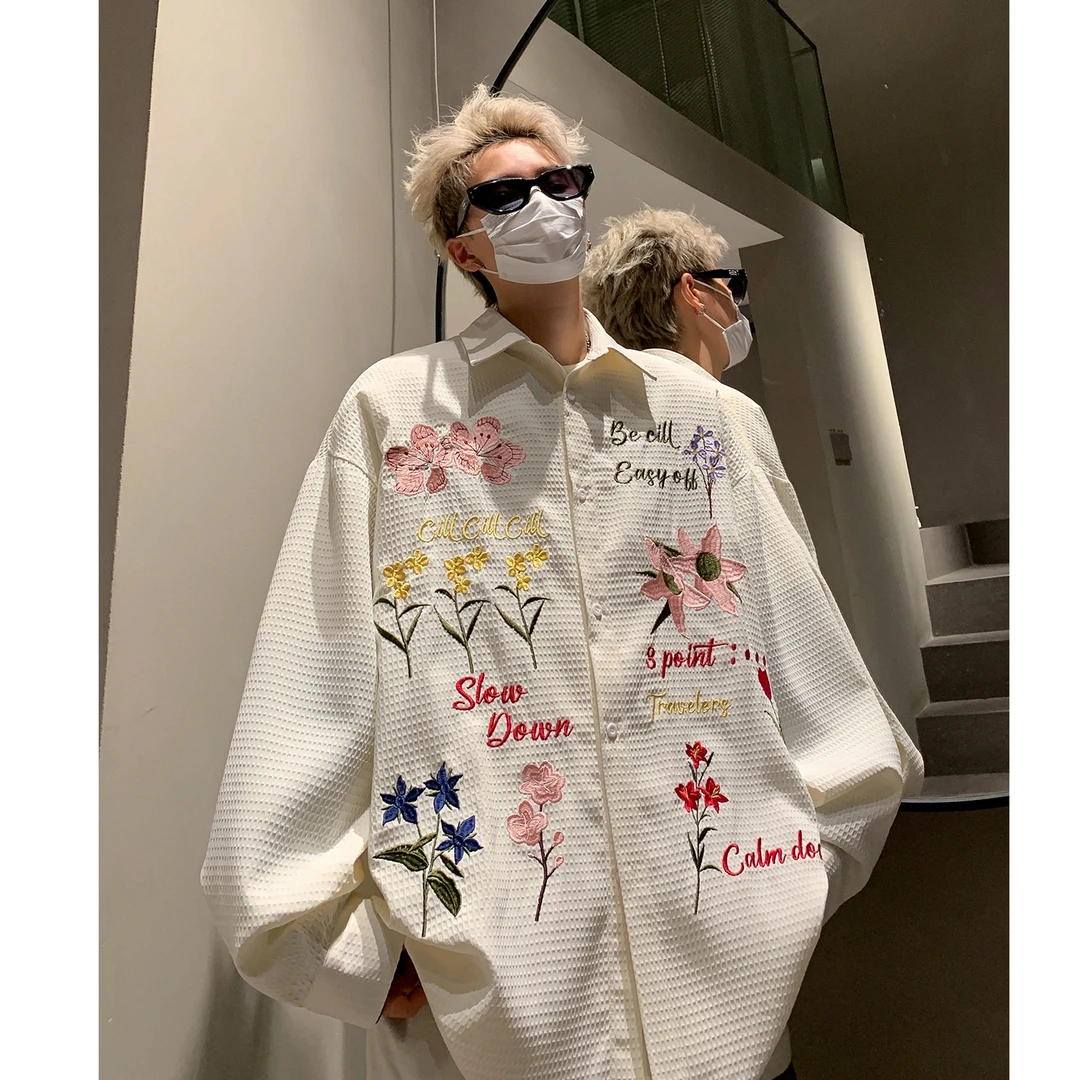 华夫格花卉刺绣衬衫男美式复古高街时尚宽松长袖翻领衬衣情侣外套