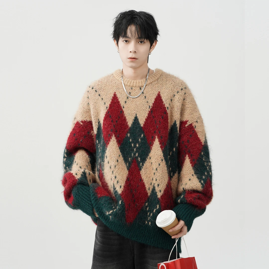 美式复古菱格圣诞毛衣男女冬季潮牌高级感慵懒针织衫宽松情侣上衣