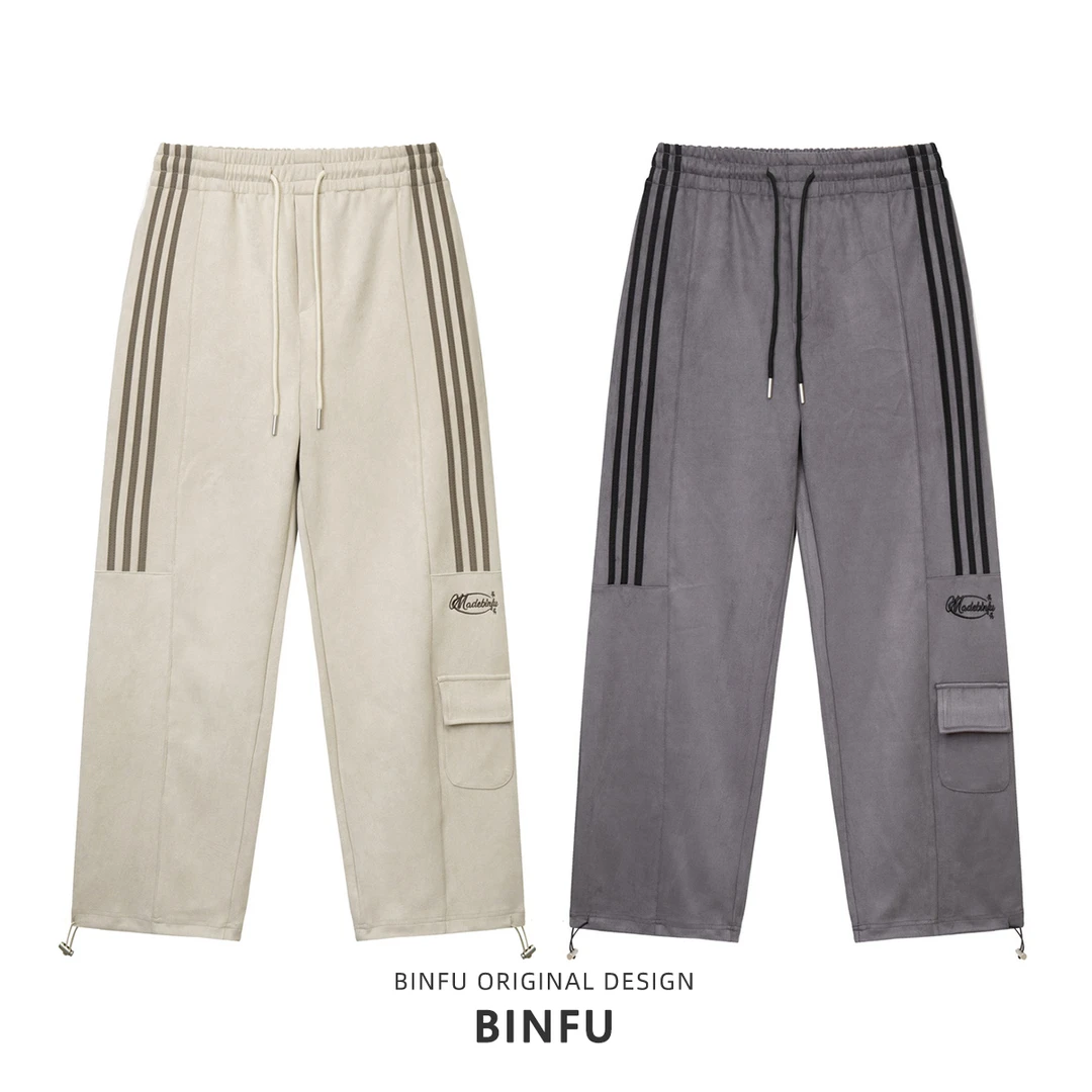 BINFU  秋季新款男女同款百搭简约休闲运动风 三条杠宽松阔腿长裤