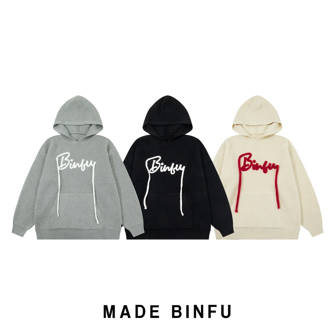 BINFU原创 2024年秋季新款 男女同款情侣装设计感宽松版连帽毛衣