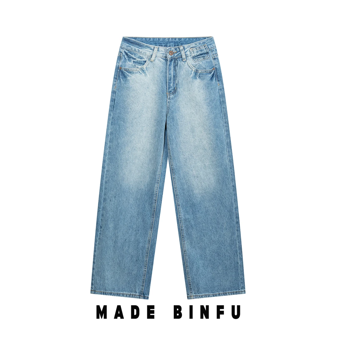 BINFU 崽崽 新款 浅蓝色男女同款宽松简约百搭牛仔长裤