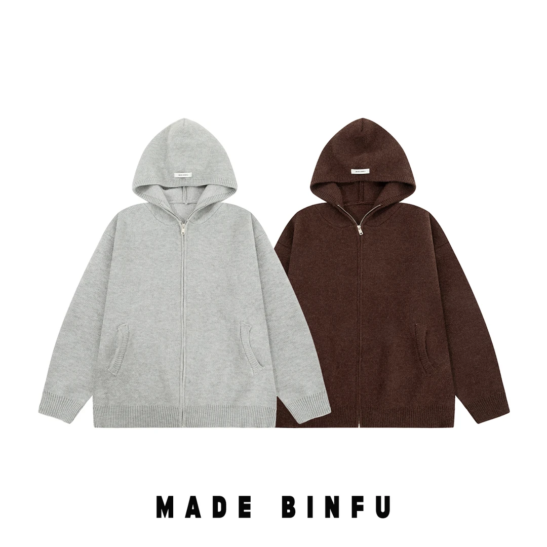BINFU 2024秋装男女同款拉链简约日常百搭纯色百搭连帽毛衣开衫