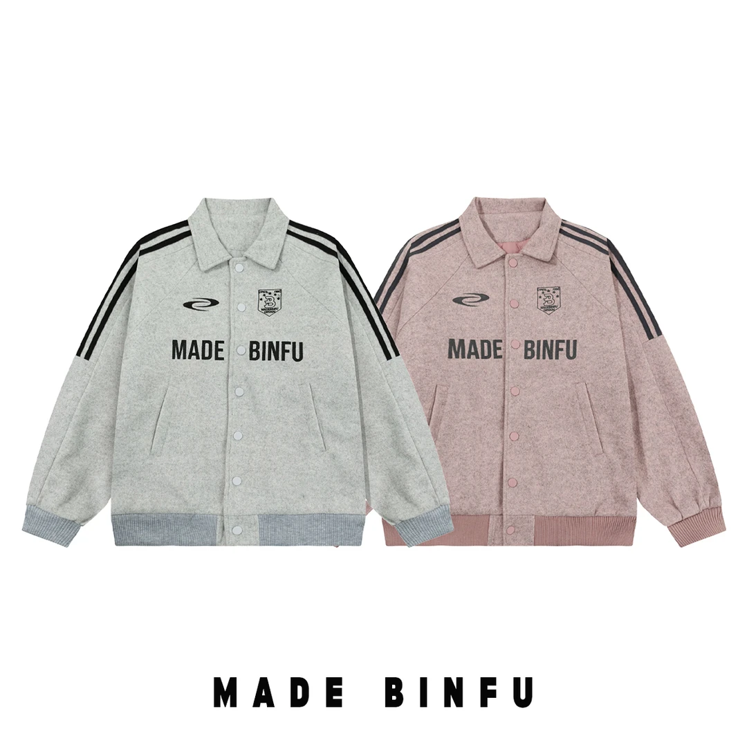 BINFU 冬装 美式复古风男女同款刺绣街头加厚宽松版毛呢夹克外套