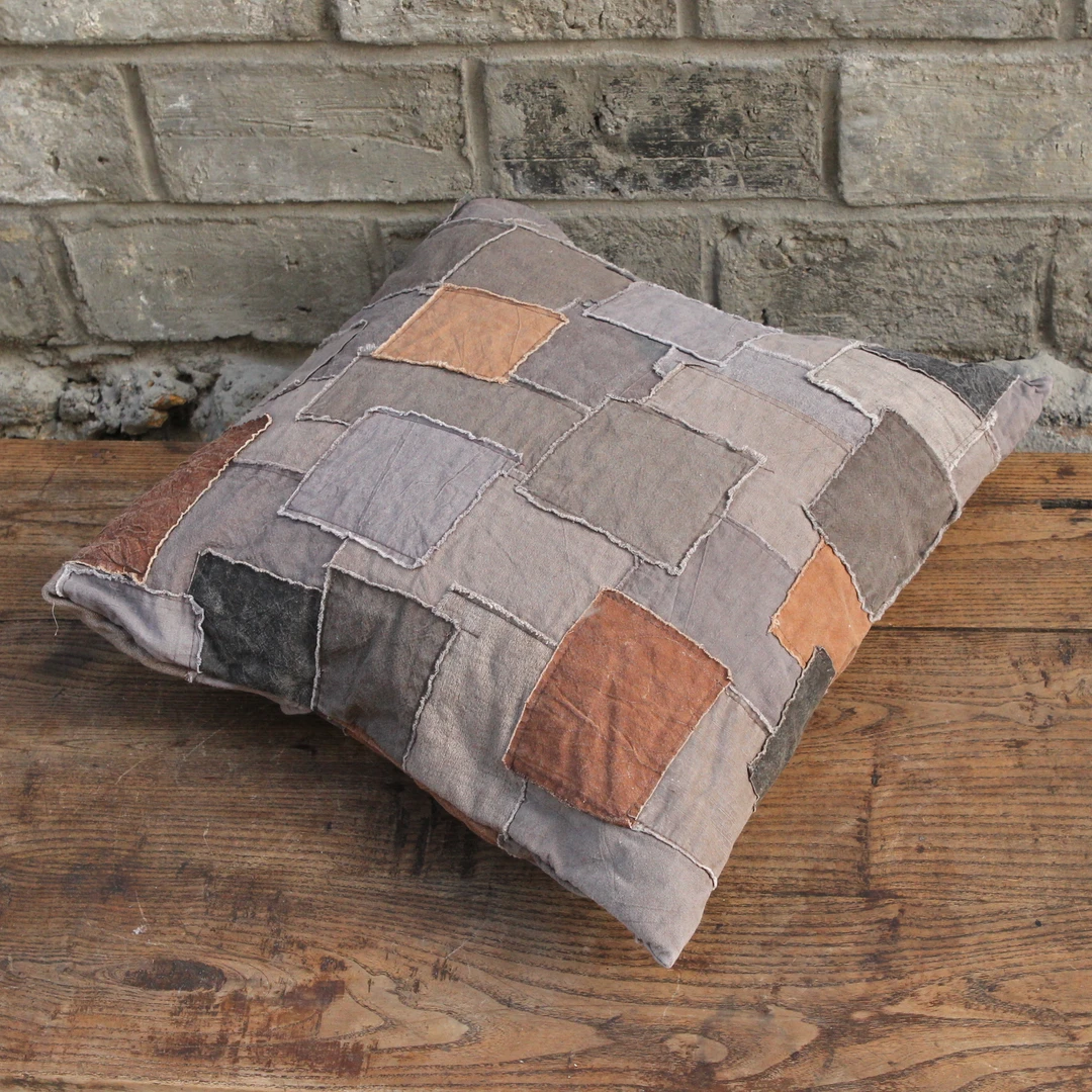 蓝染褴褛boro靠垫套 植物染拼布靠枕沙发垫 手工柿染百纳布