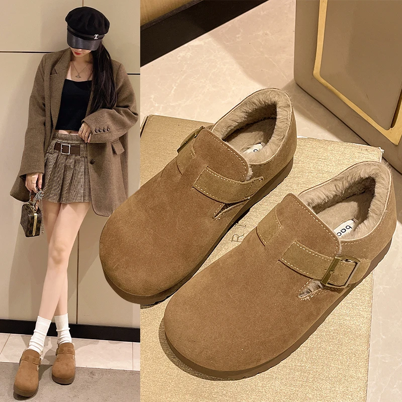 加绒全包复古勃肯鞋女冬2024新款一脚蹬棉鞋毛毛鞋加厚保暖雪地靴