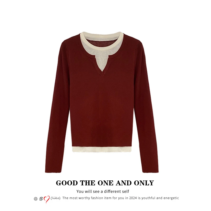 时尚设计感假两件小V领羊毛打底上衣