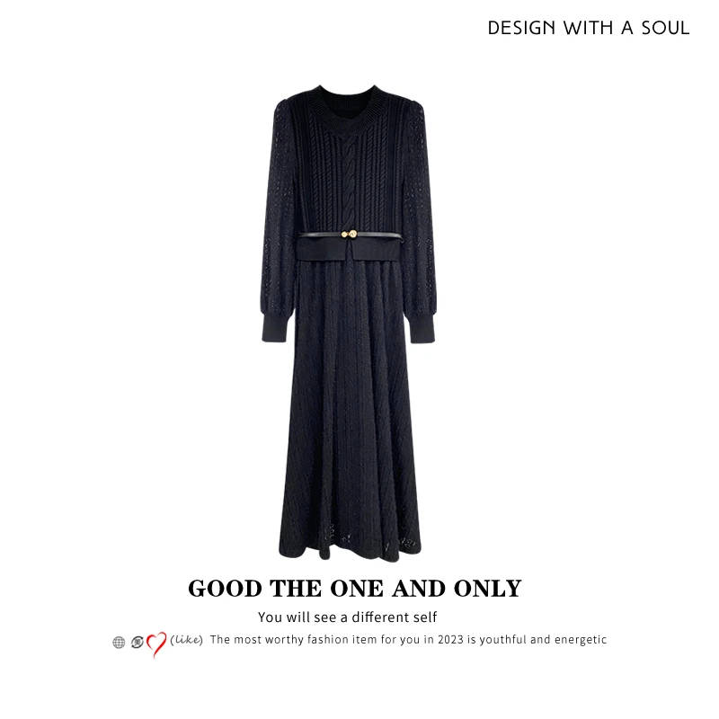 法式小香风蕾丝拼接针织中长款连衣裙配腰带【黑色】