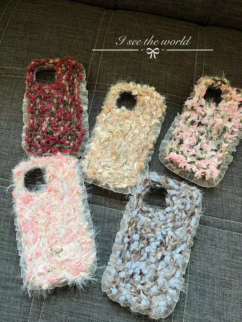 小香风拼色针织毛绒适用苹果14手机壳iphone15秋冬软壳12pro小众