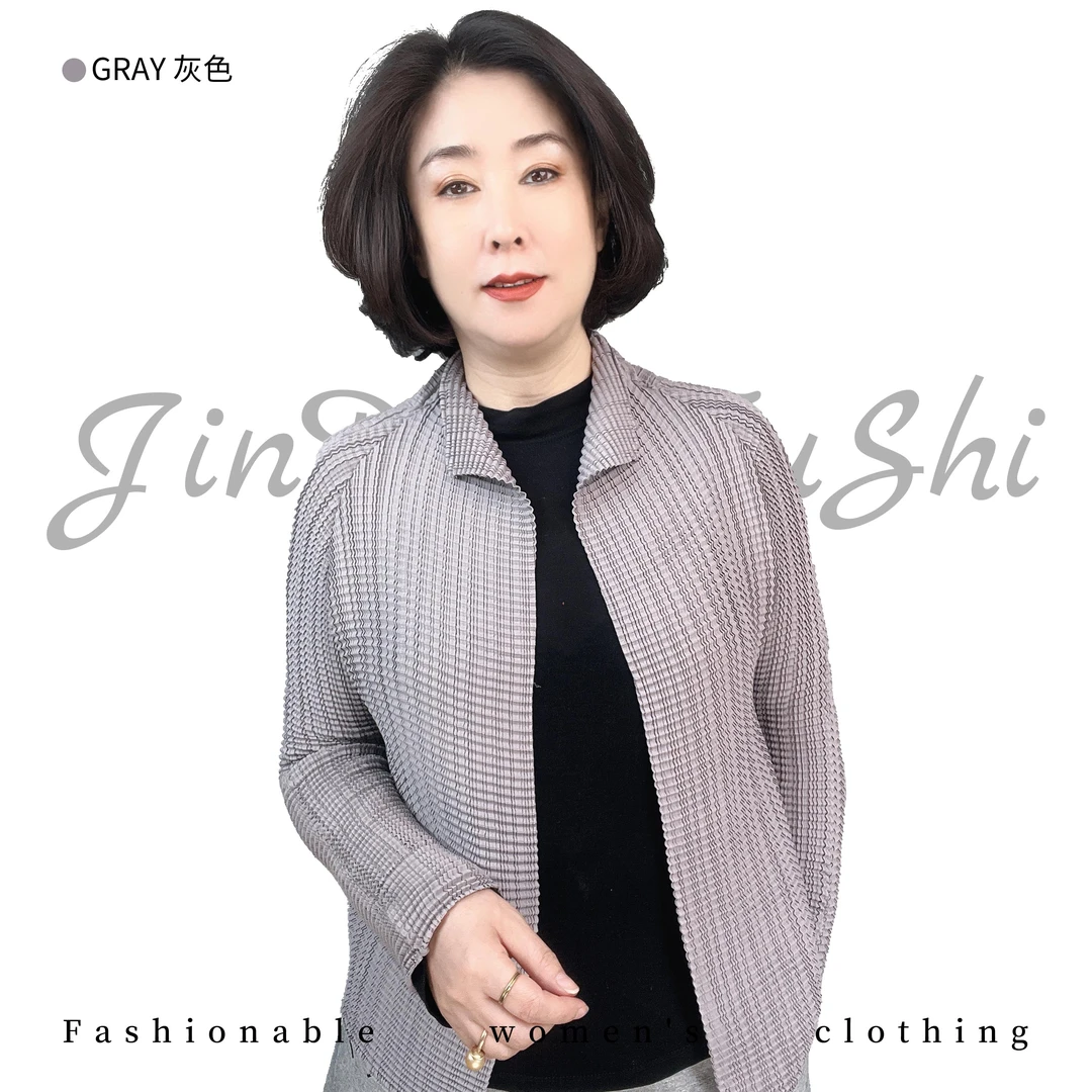 【金典女人服饰】格子褶皱开衫    妈妈褶皱开衫时尚长袖短外套2159