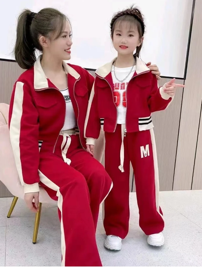 女童亲子装套装拉链极简风春秋常规休闲风套装运动洋气欧若假日风