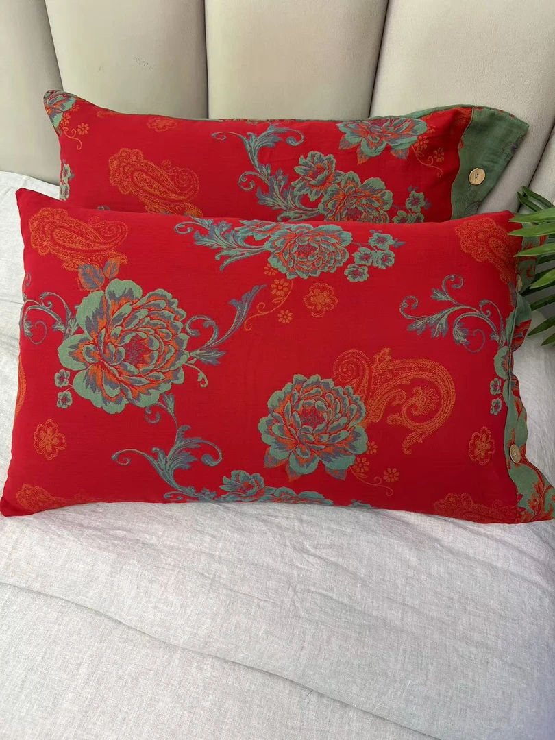 枕套牡丹花开纯棉双层纱纽扣款枕套一对装