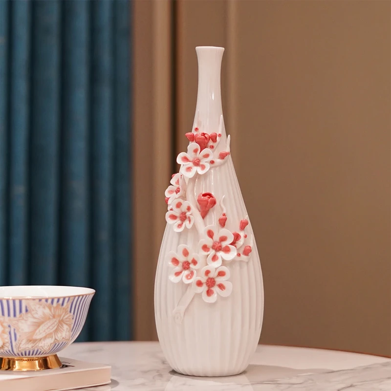 手工捏花新中式简约白瓷高档轻奢花瓶长颈瓶客厅书房玄关摆件插花